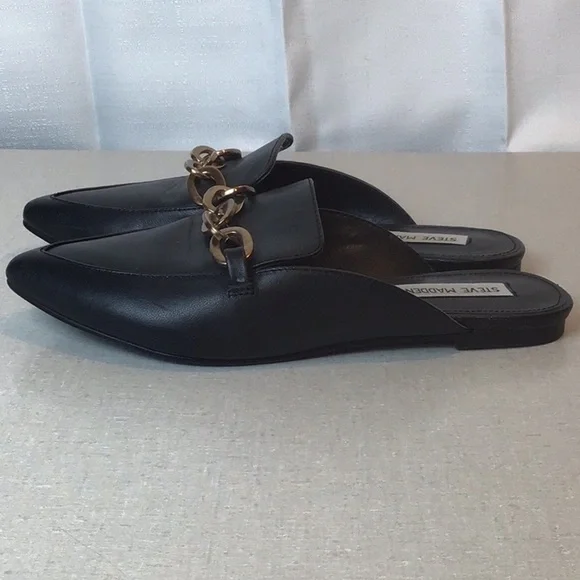 Steve Madden Black Leather Mules with Gold Chain EUC - Picture 6 of 10